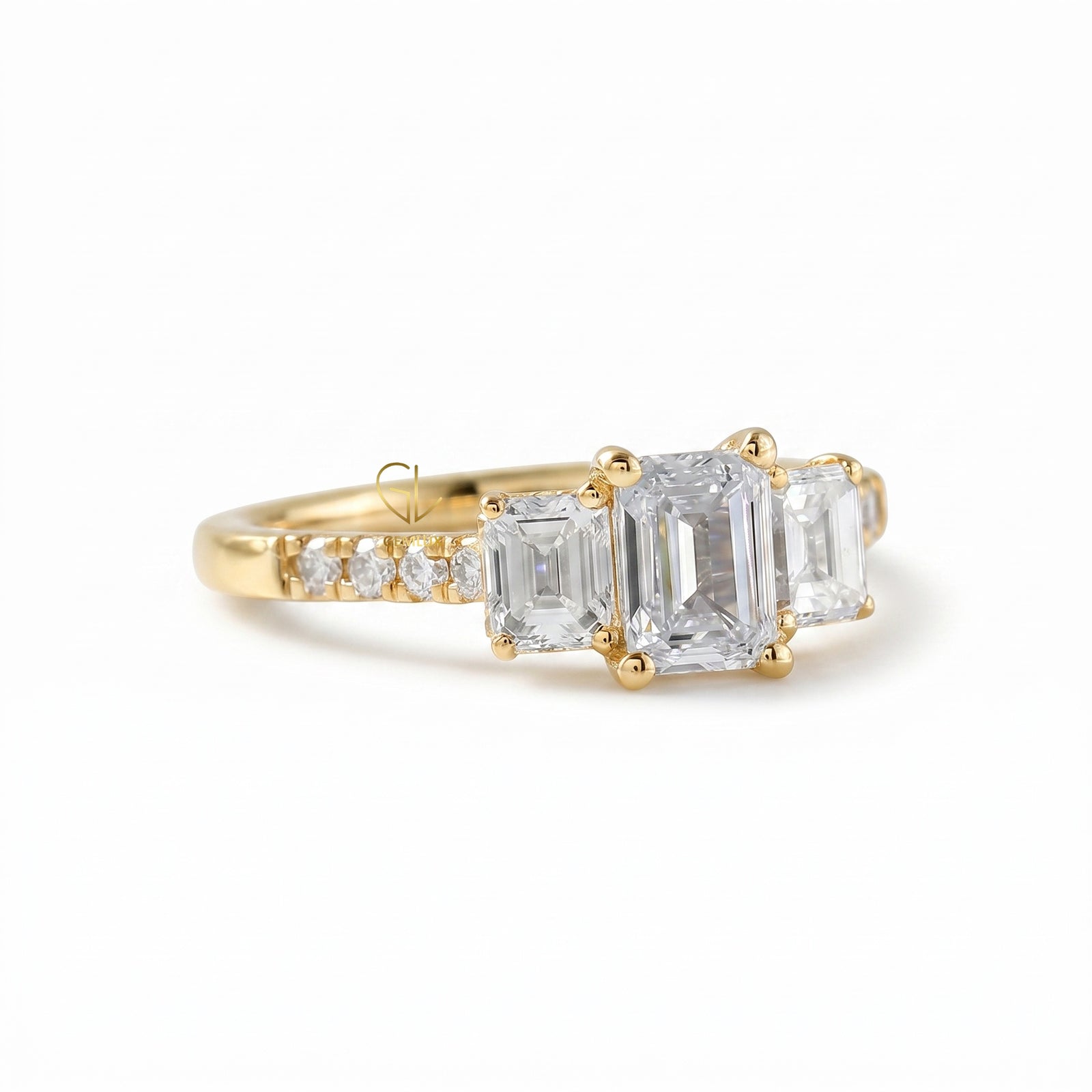 Emerald Cut Moissanite Three Stone Engagement Ring