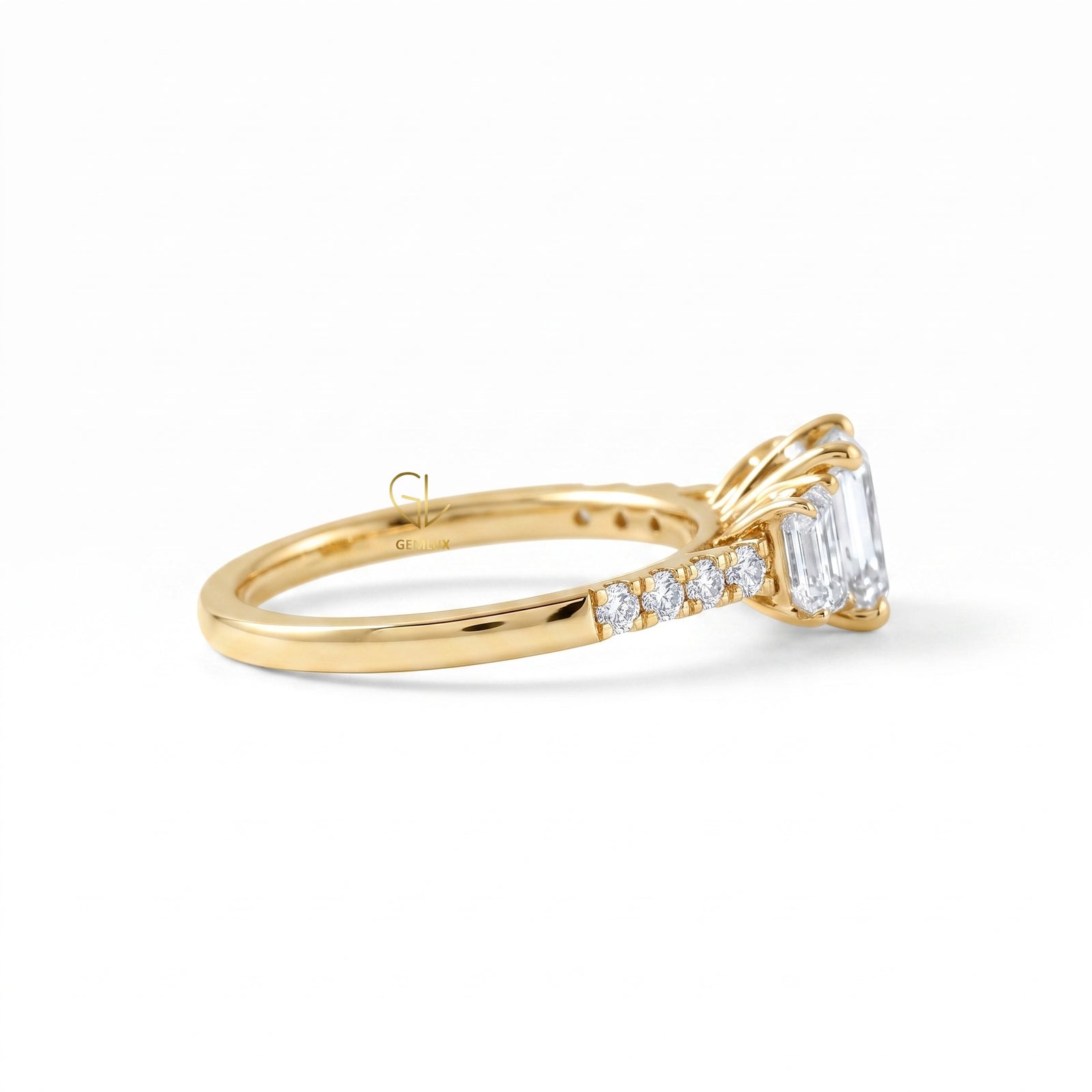 Emerald Cut Moissanite Three Stone Engagement Ring