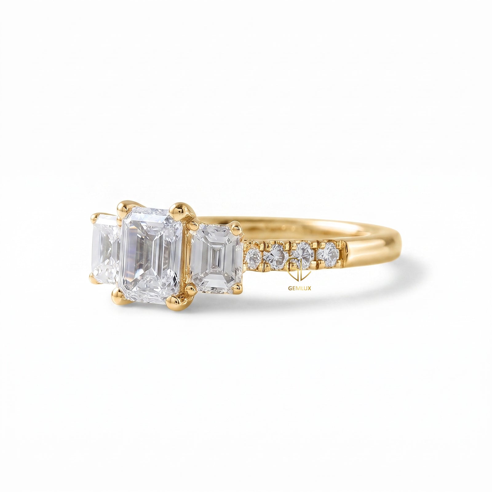 Emerald Cut Moissanite Three Stone Engagement Ring