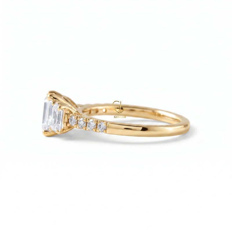 Emerald Cut Moissanite Three Stone Engagement Ring