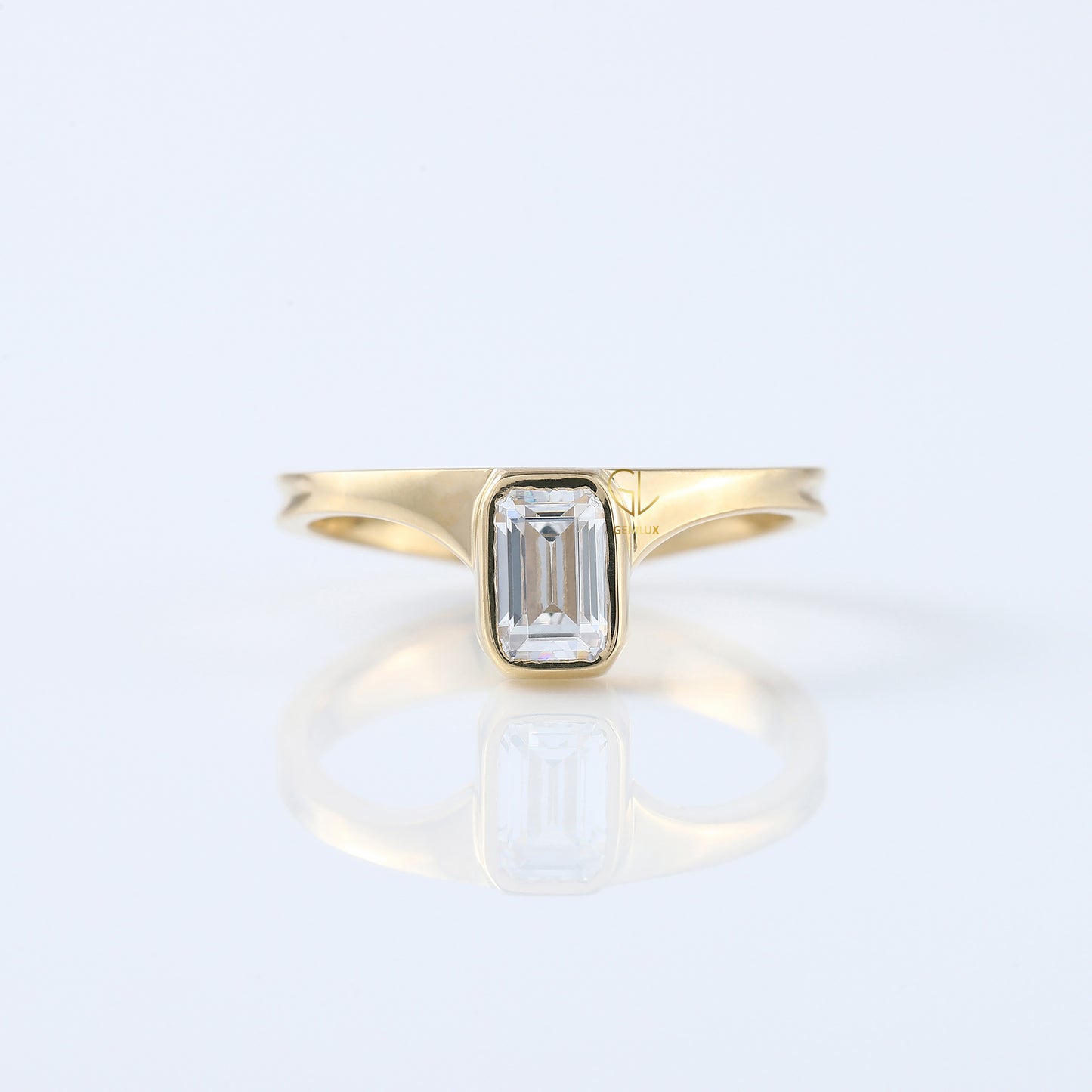 Emerald Cut Lab Grown Bezel Set Curved Solitaire Ring