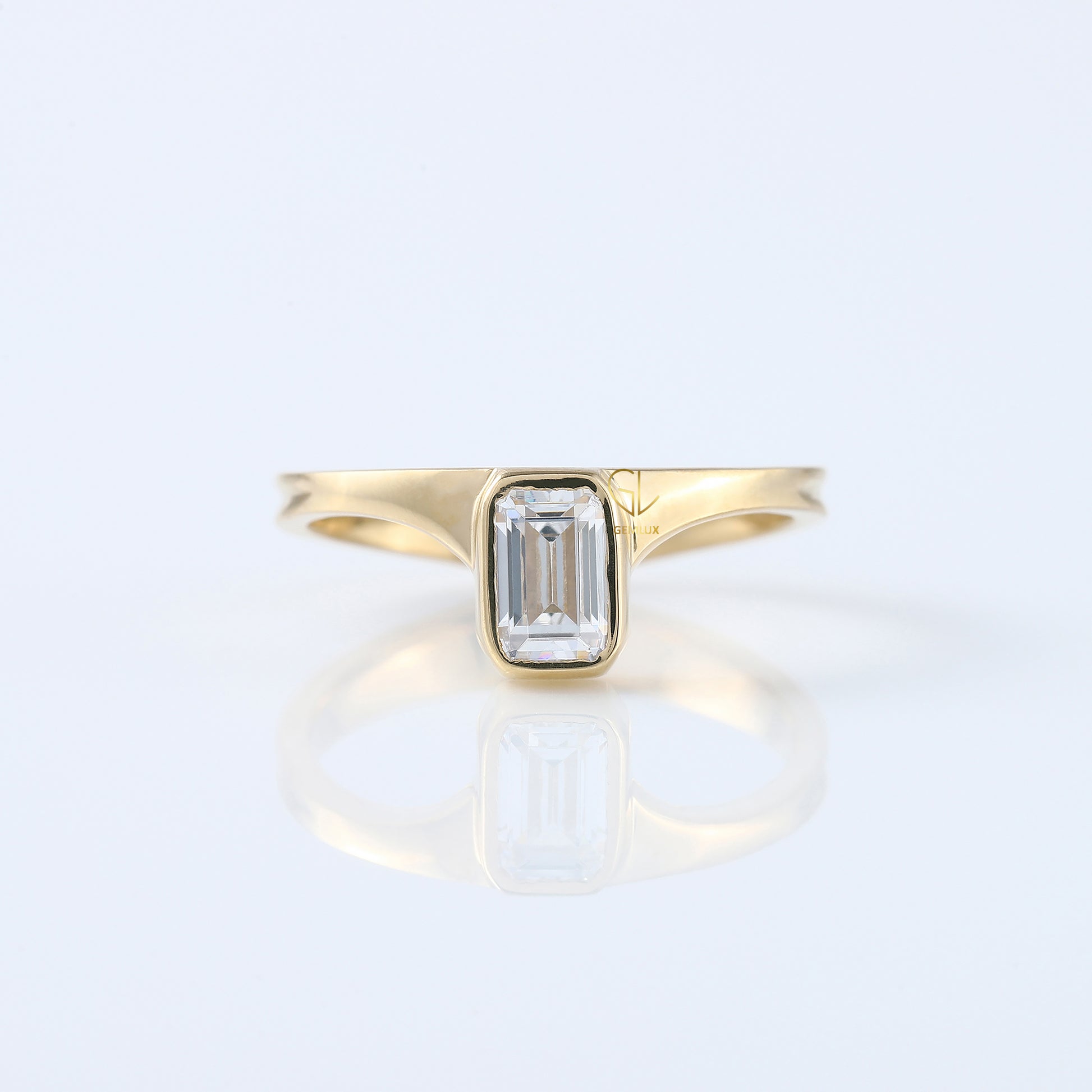 Emerald Cut Lab Grown Bezel Set Curved Solitaire Ring