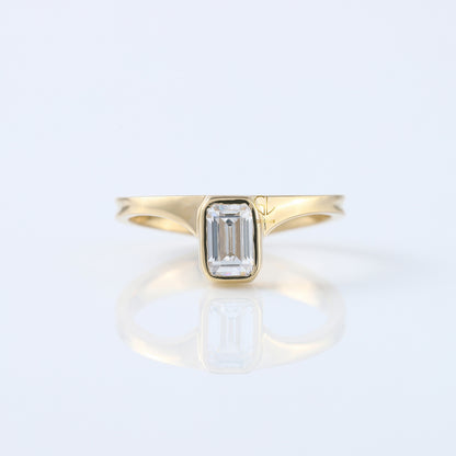 Emerald Cut Lab Grown Bezel Set Curved Solitaire Ring