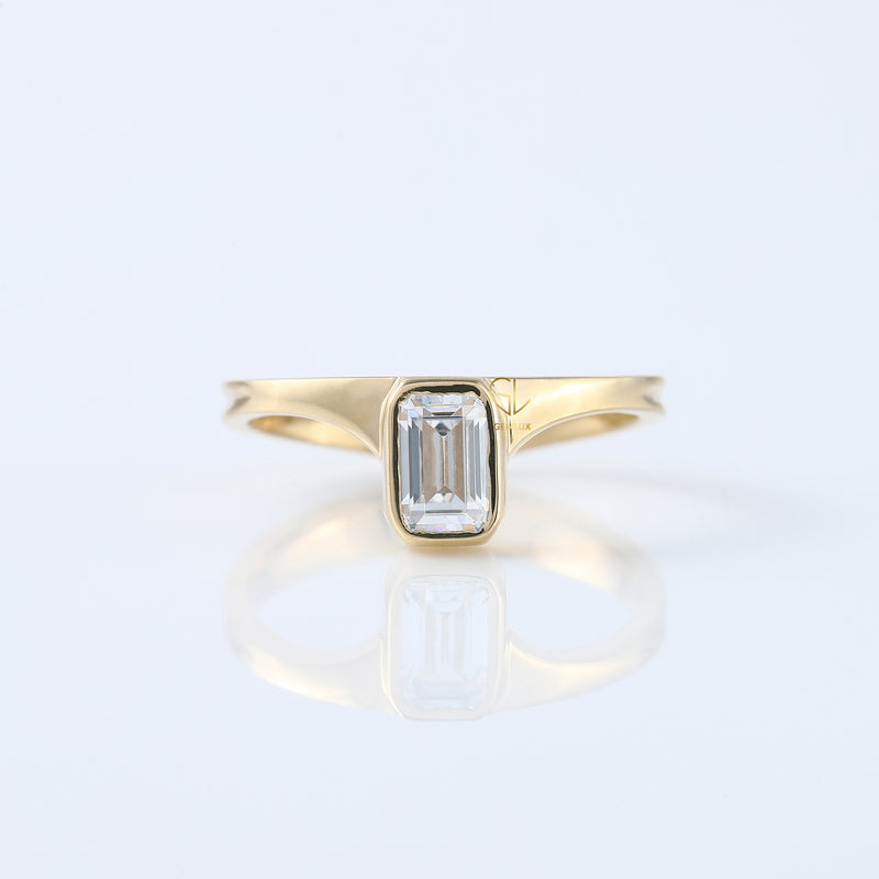 Emerald Cut Lab Grown Bezel Set Curved Solitaire Ring