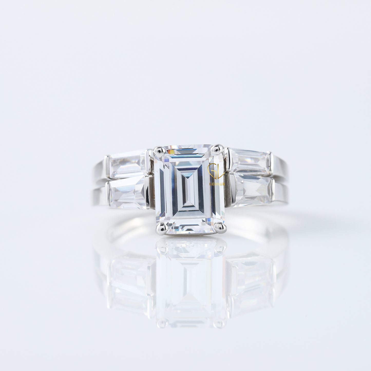 Emerald Cut Moissanite Diamond Three Stone Engagement Ring With Matching Open Cuff Band