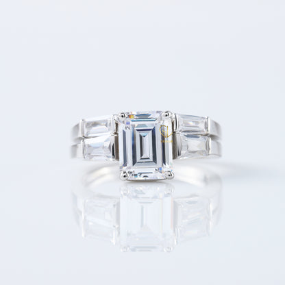 Emerald Cut Moissanite Diamond Three Stone Engagement Ring With Matching Open Cuff Band