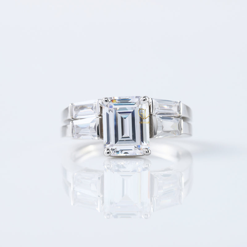 IGI Certified Emerald Cut Lab Grown Diamond Three Stone Engagement Ring With Matching Open Cuff Band