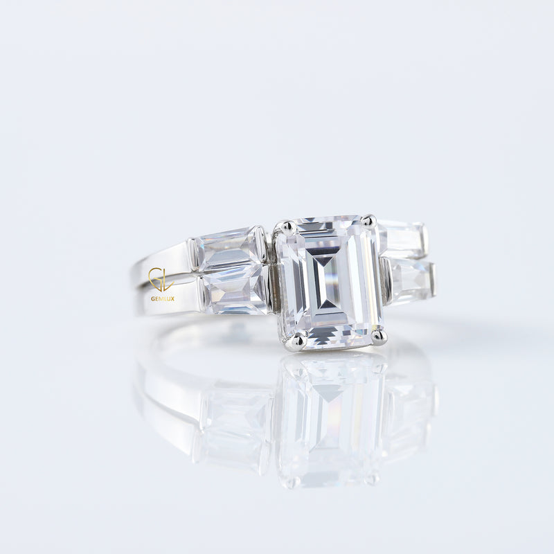 Emerald Cut Lab Grown Three Stone Engagement Ring Set