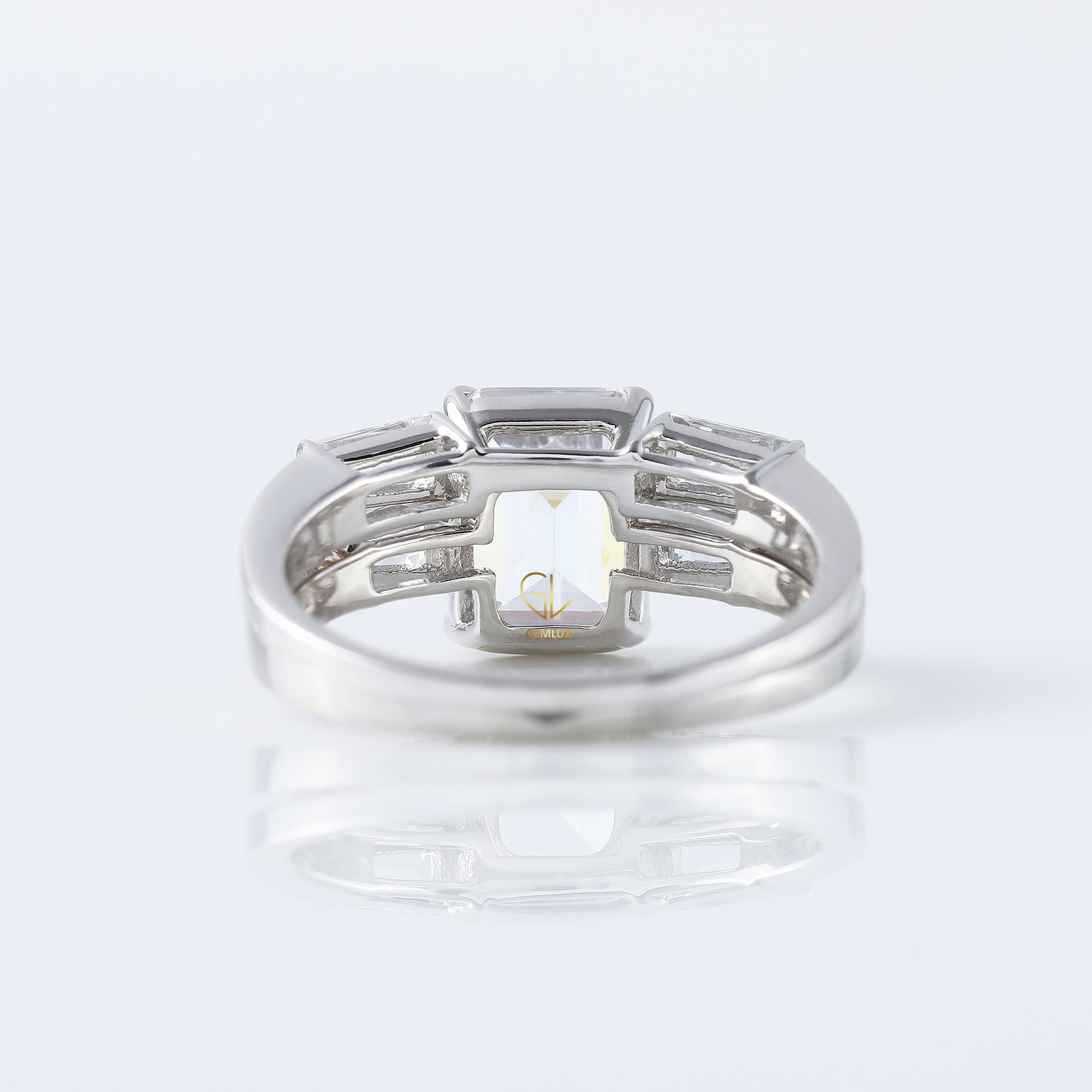Emerald Cut Moissanite Diamond Three Stone Engagement Ring With Matching Open Cuff Band