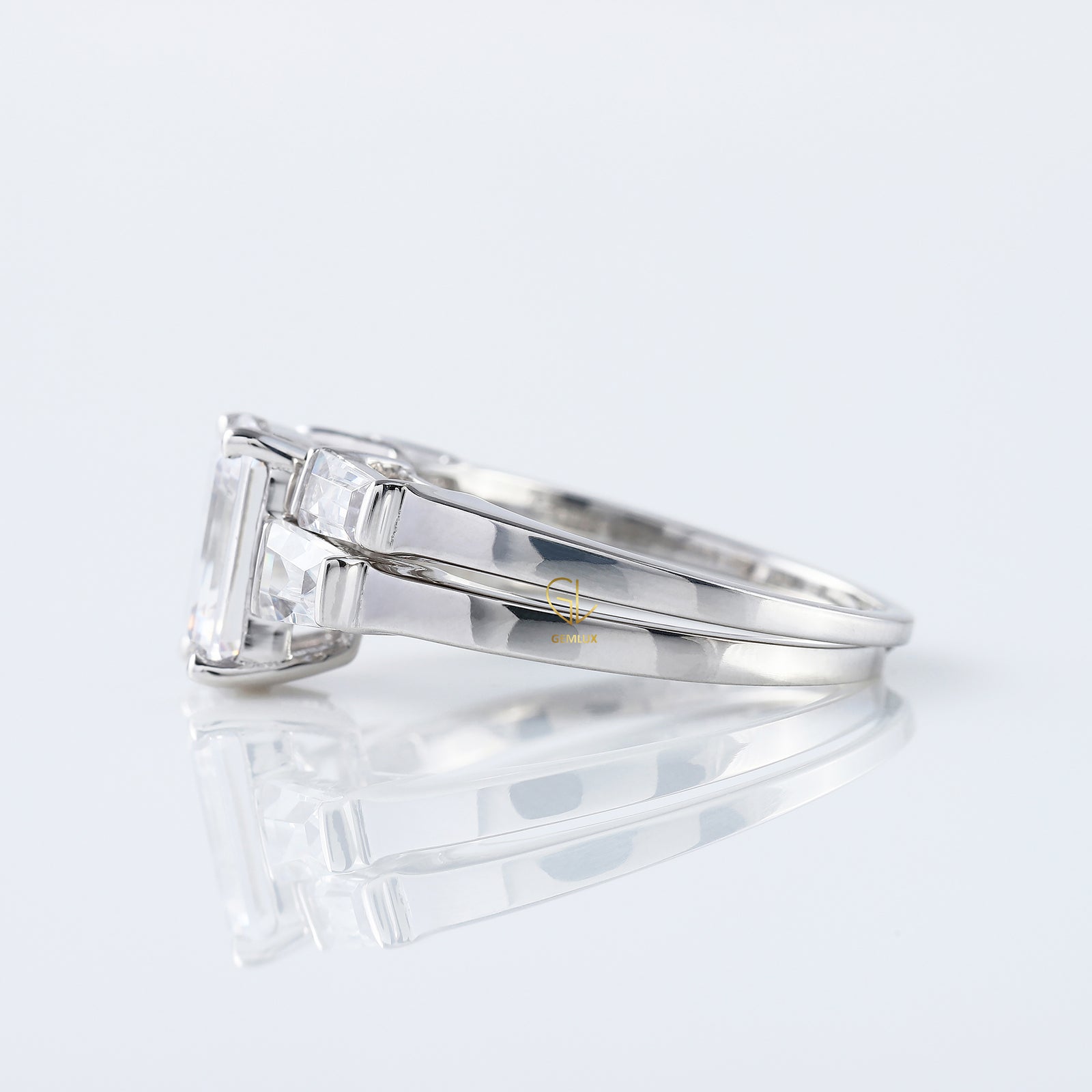 Emerald Cut Moissanite Diamond Three Stone Engagement Ring With Matching Open Cuff Band