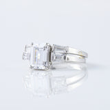 Emerald Cut Moissanite Diamond Three Stone Engagement Ring With Matching Open Cuff Band
