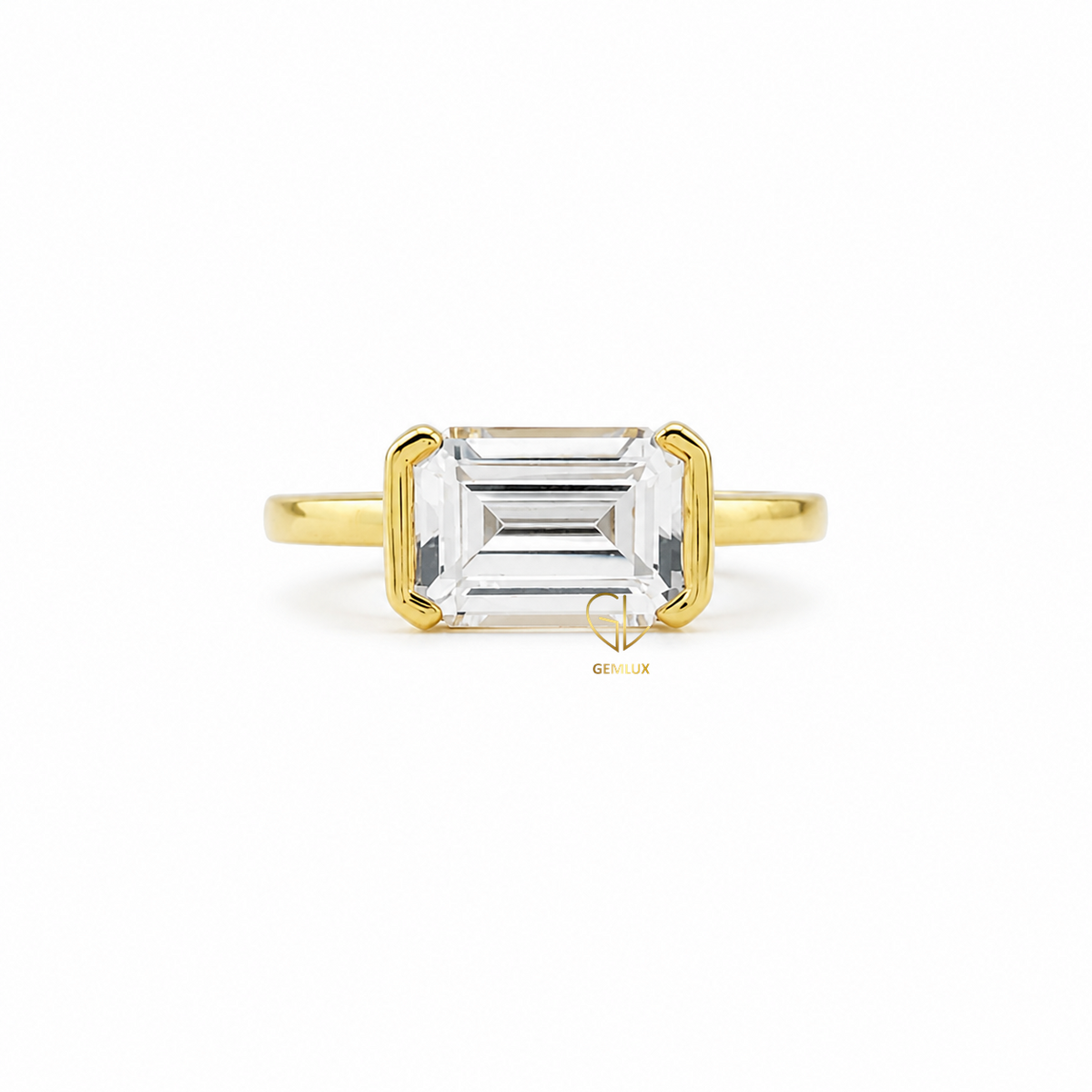 Emerald Cut Moissanite Solitaire East To West Ring