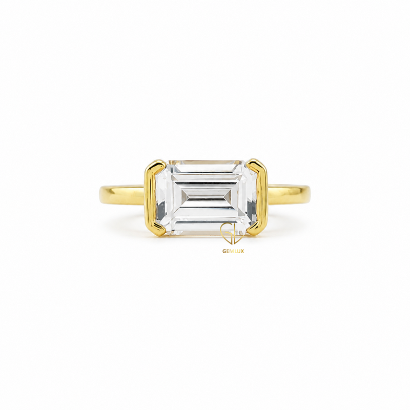 Emerald Cut Moissanite Solitaire East To West Ring