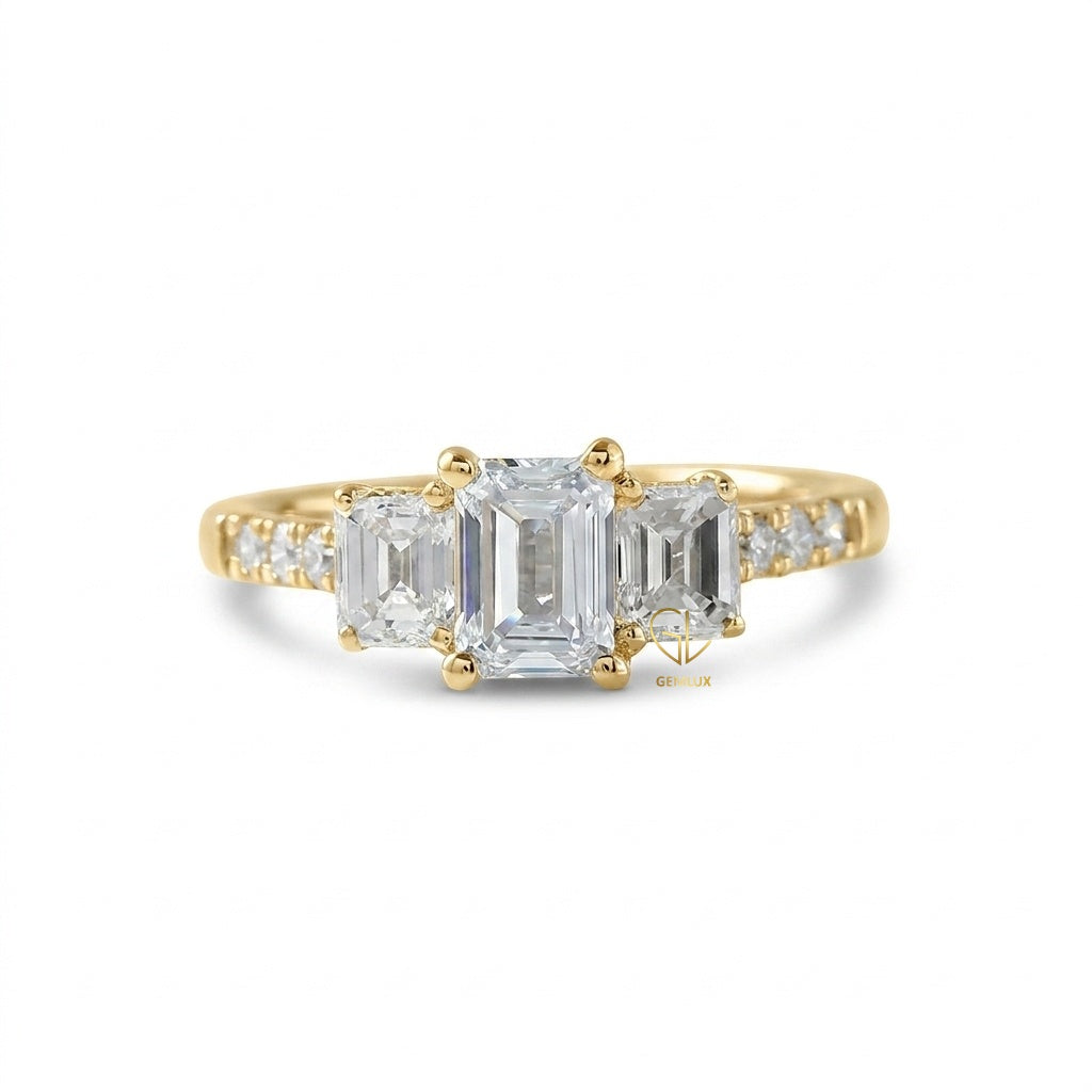Emerald Cut Moissanite Three Stone Engagement Ring
