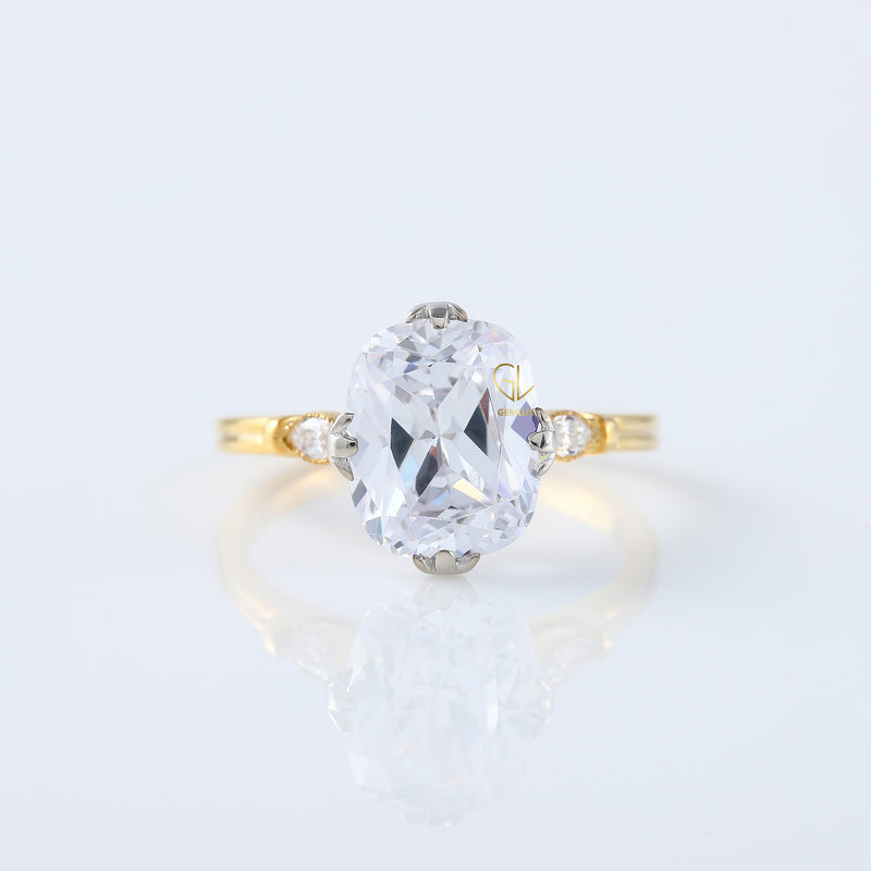Fish Tail Prong Three Stone Elongated Cushion Cut Moissanite Ring