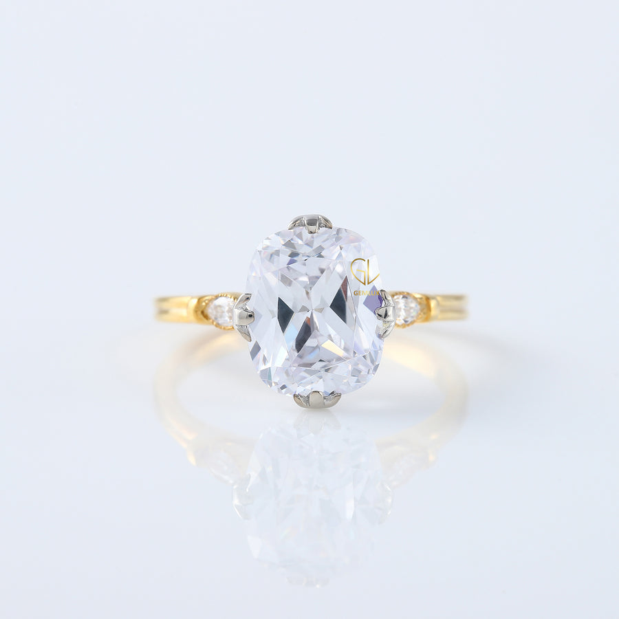 Fish Tail Prong Three Stone Elongated Cushion Cut Moissanite Ring
