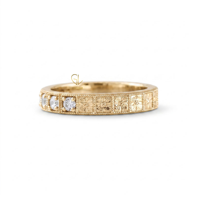 Five Stone Moissanite Antique Milgrain Wedding Band