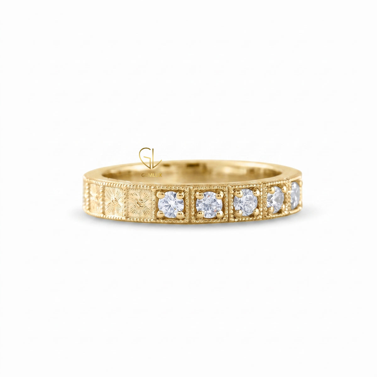 Five Stone Moissanite Antique Milgrain Wedding Band