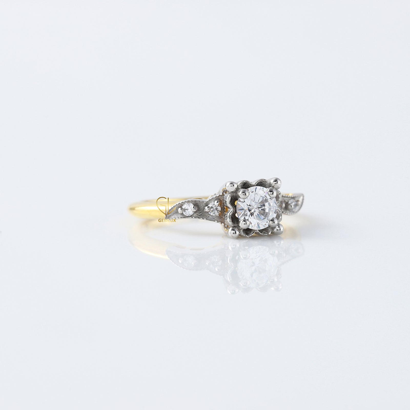 Five Stone Round Moissanite Two Tone Vintage Engagement Ring