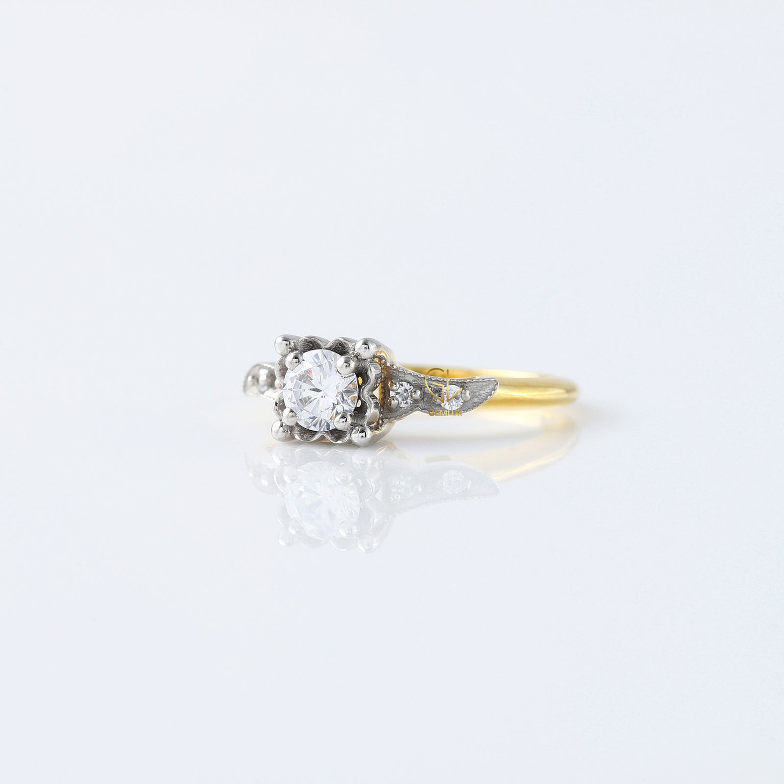 Five Stone Round Moissanite Two Tone Vintage Engagement Ring
