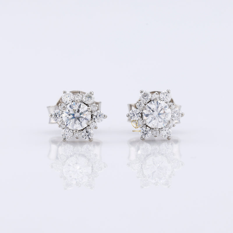 Floral Halo Round Cut Moissanite Stud Earrings