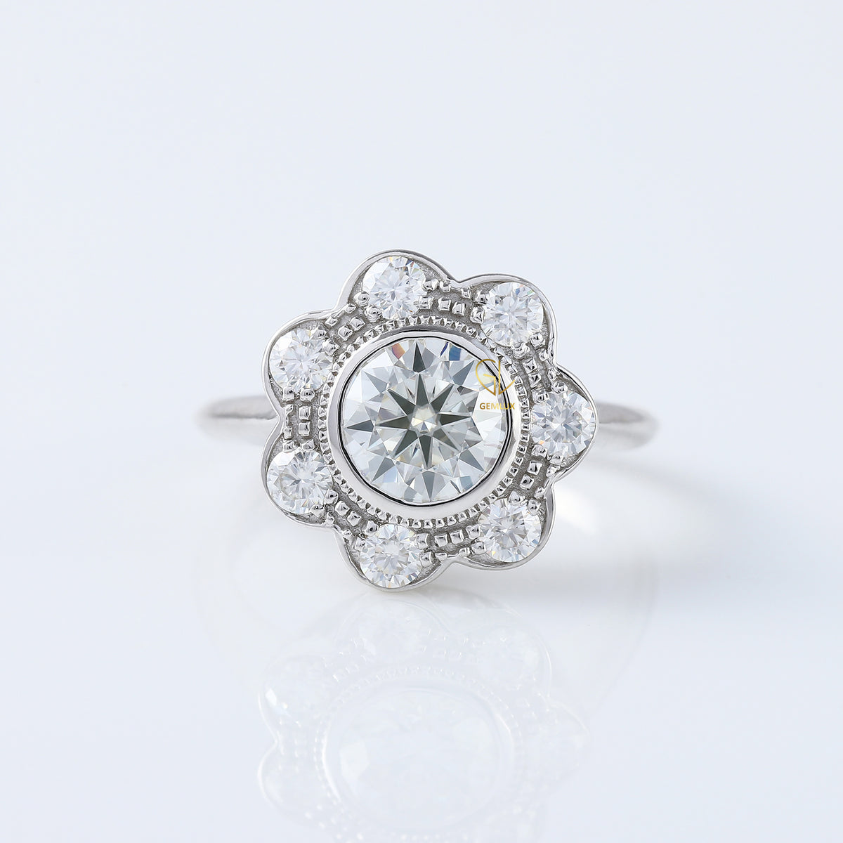 Floral Halo Bezel Set Round Moissanite Vintage Ring