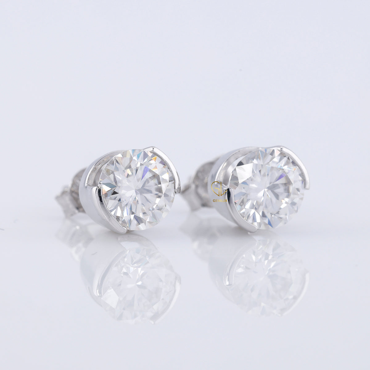 Half Bezel Set Round Lab Grown Stud Earrings