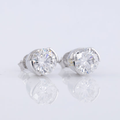 Half Bezel Set Round Lab Grown Stud Earrings