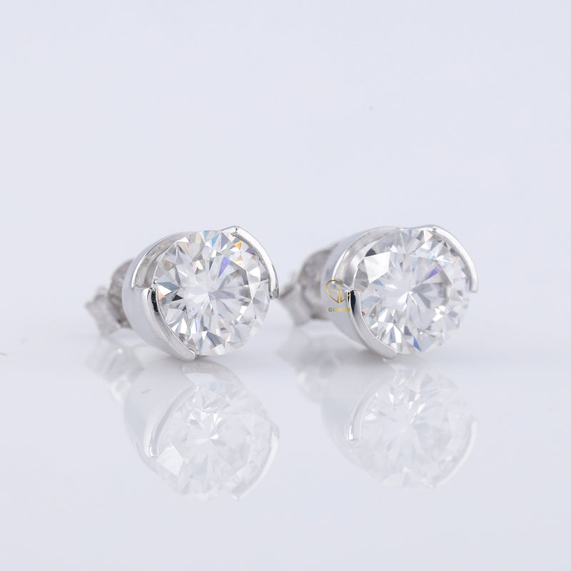 Half Bezel Set Lab Grown Round Cut Diamond Earrings
