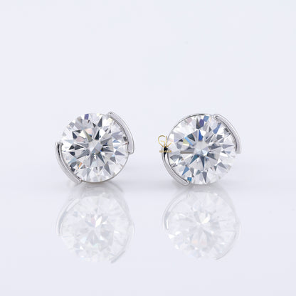 Half Bezel Set Round Lab Grown Stud Earrings