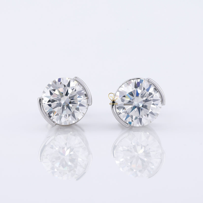 Half Bezel Set Lab Grown Round Cut Diamond Earrings