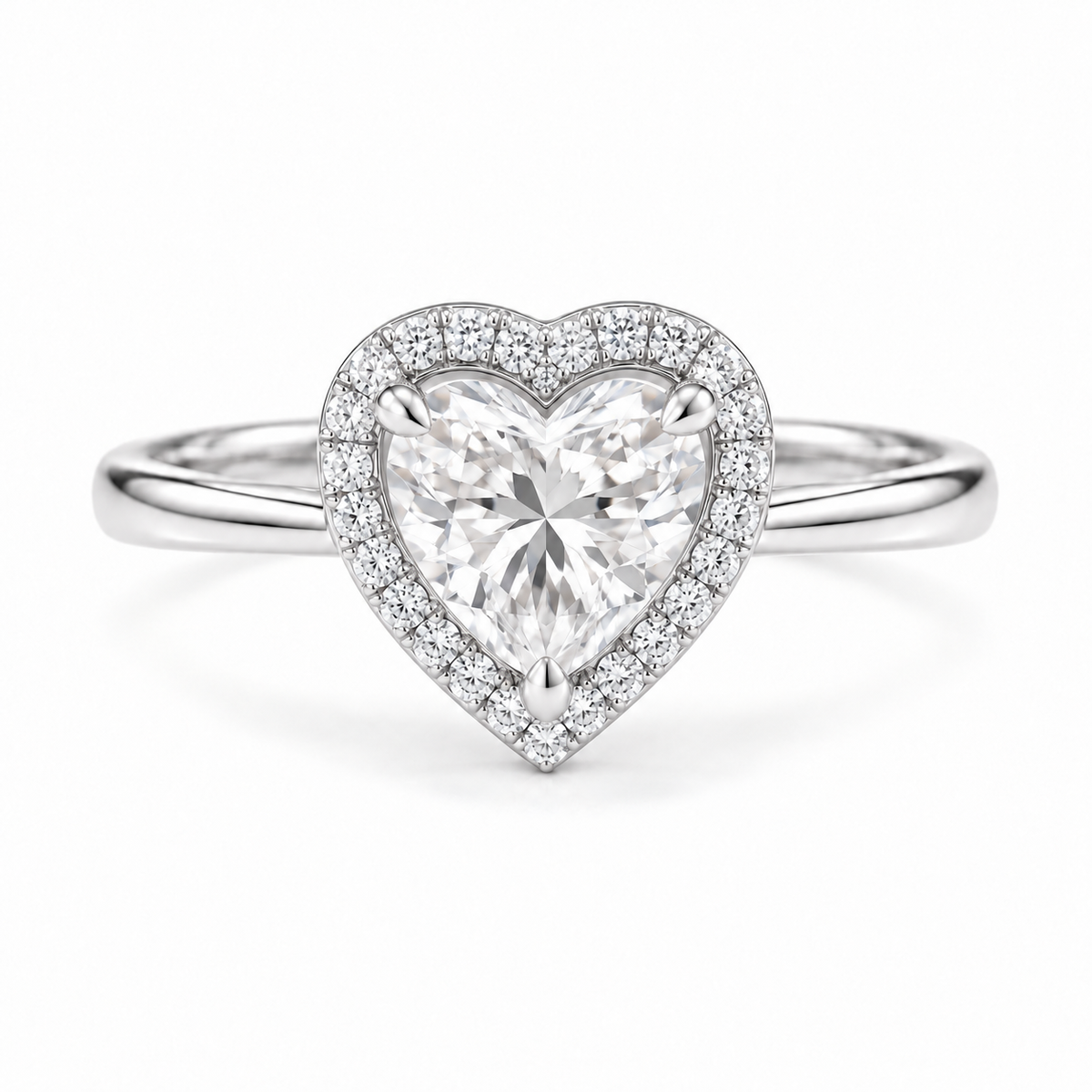 Heart-cut lab-grown diamond halo engagement ring with smooth yellow-gold band