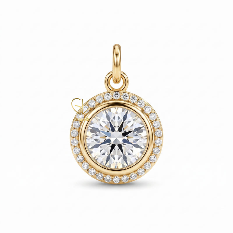 Hearts & Arrows Round Cut Lab Grown Diamond Bezel Halo Pendant