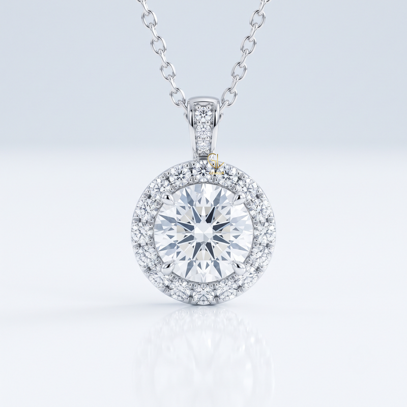 Hearts & Arrows Round Cut Lab Grown Diamond Halo Pendant for Women