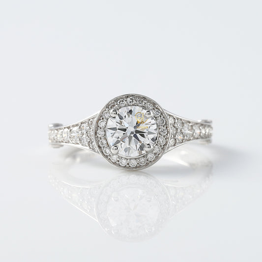 Hearts & Arrows Round Lab Grown Diamond Floral Halo Bezel Set Vintage Engagement Ring
