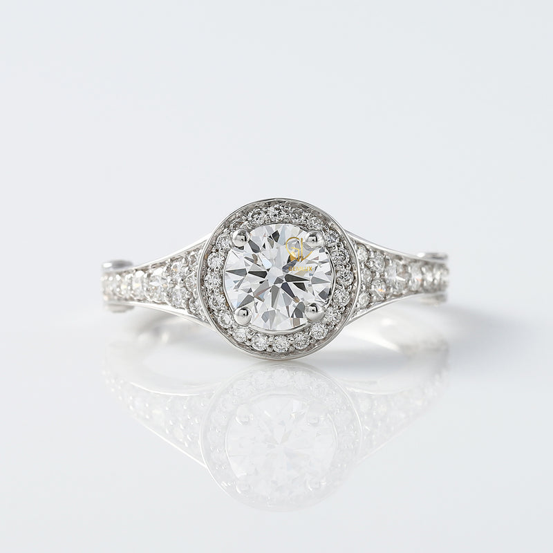 Heart & Arrow Round Lab Grown Diamond Floral Halo Bezel Set Vintage Engagement Ring