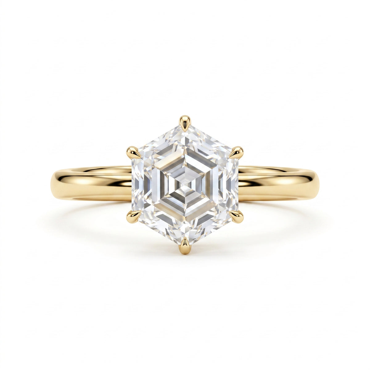 Hexagon step-cut lab-grown diamond solitaire engagement ring with a six-prong setting and polished yellow-gold band.