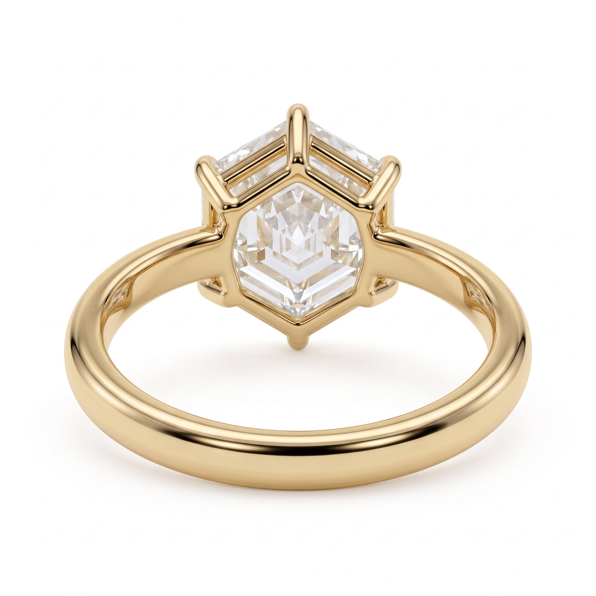 Hexagon step-cut lab-grown diamond solitaire engagement ring with a six-prong setting and polished yellow-gold band.