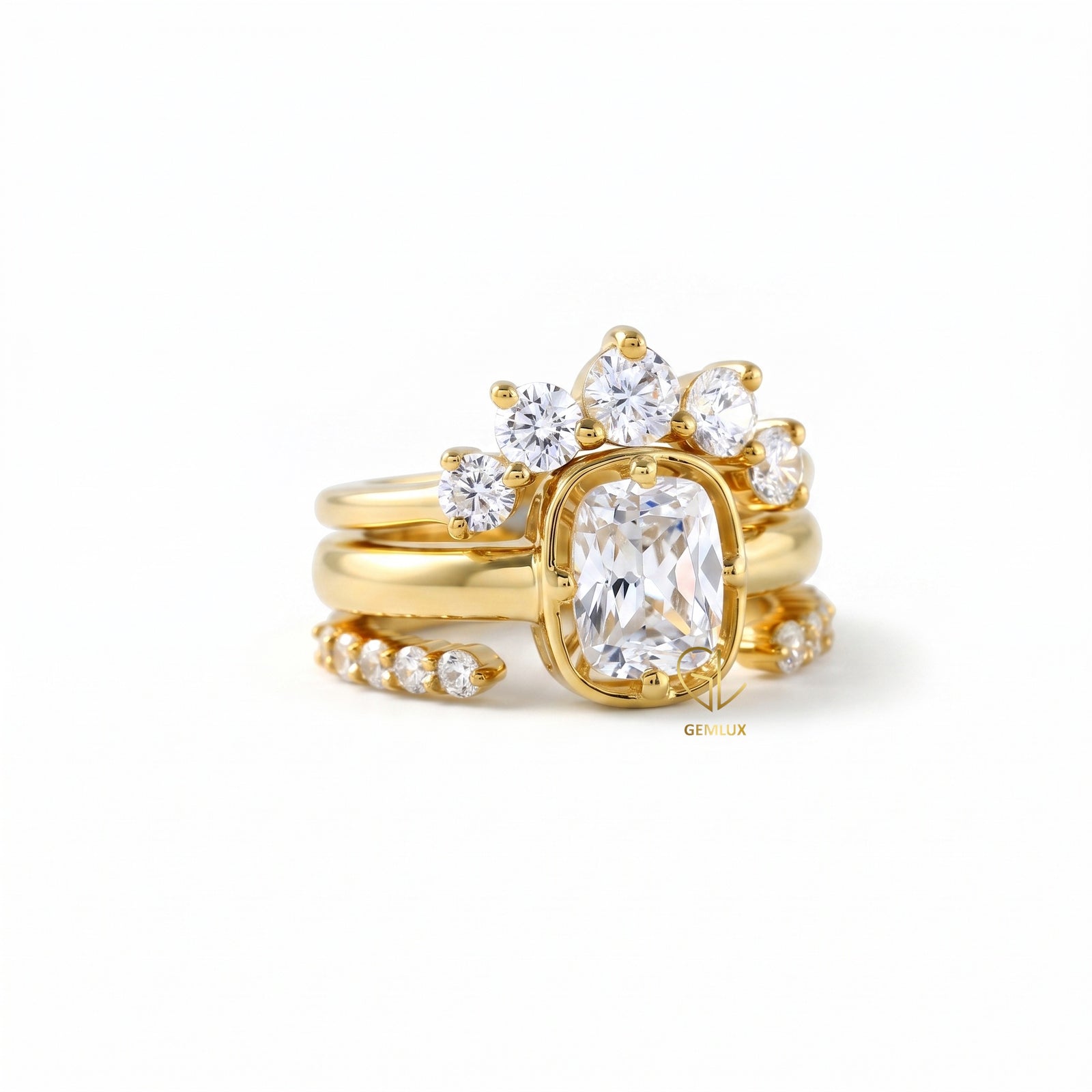 IGI Certified 2 Ct Elongated Cushion Lab Grown Crown Trio Ring Set