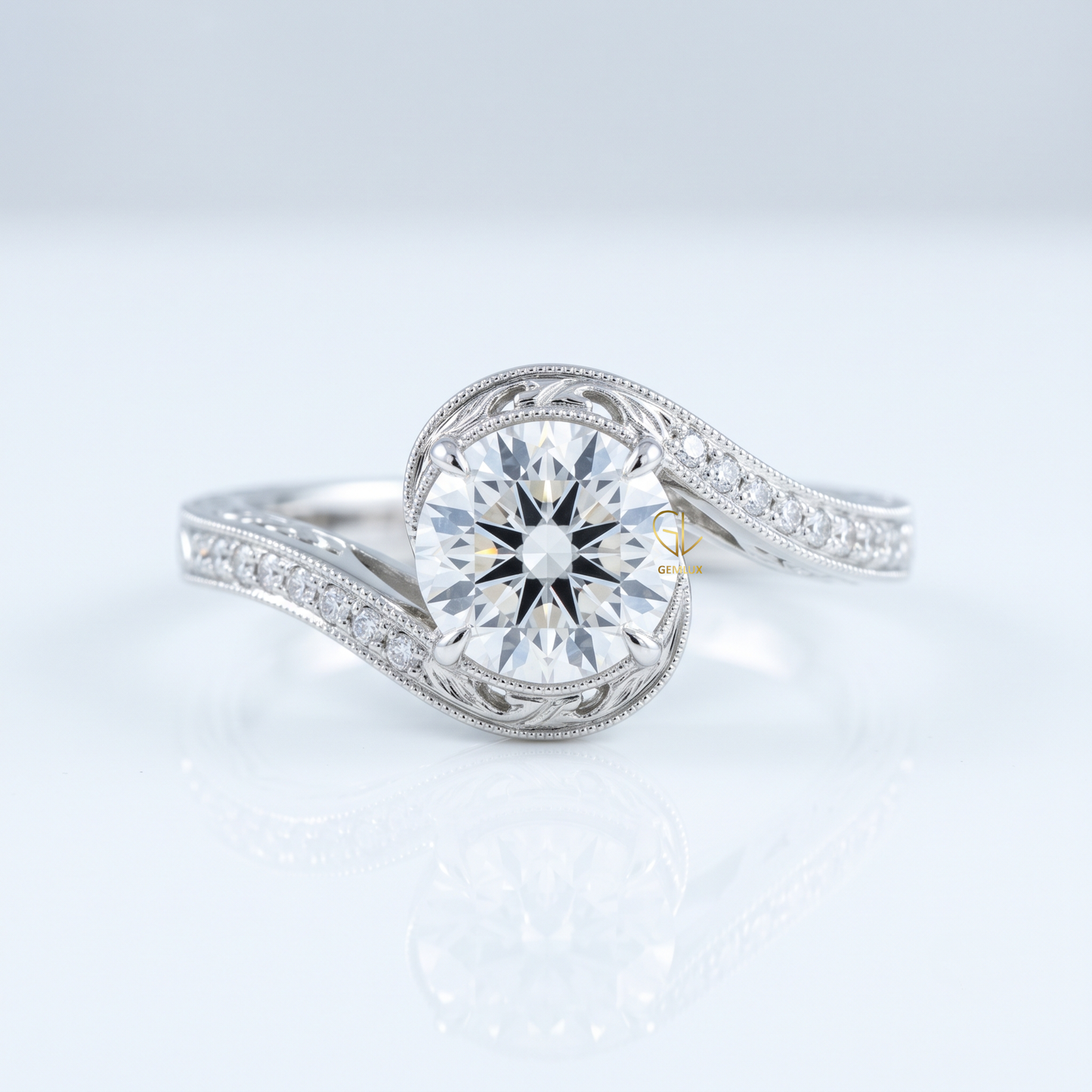 IGI Round Cut Hearts & Arrows Diamond Vintage Swirl Bypass Engagement Ring
