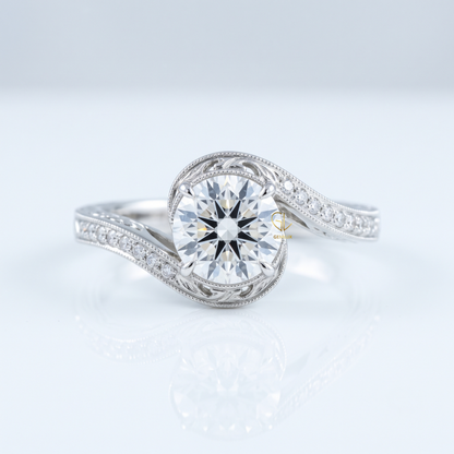 IGI Round Cut Hearts & Arrows Diamond Vintage Swirl Bypass Engagement Ring
