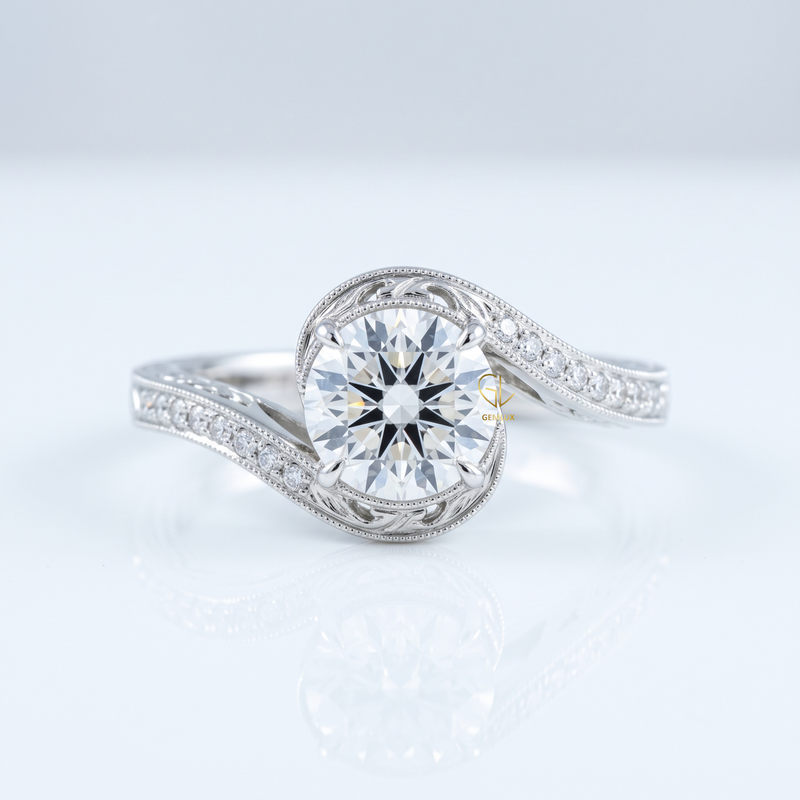 IGI Round Cut Hearts & Arrows Diamond Vintage Swirl Bypass Engagement Ring