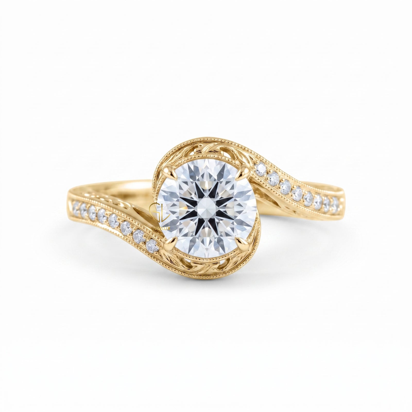 IGI Round Cut Hearts & Arrows Diamond Vintage Swirl Bypass Engagement Ring