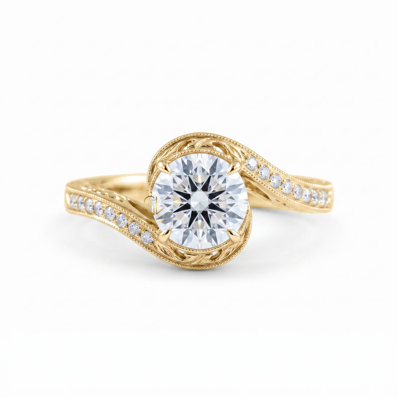 IGI Round Cut Hearts & Arrows Diamond Vintage Swirl Bypass Engagement Ring