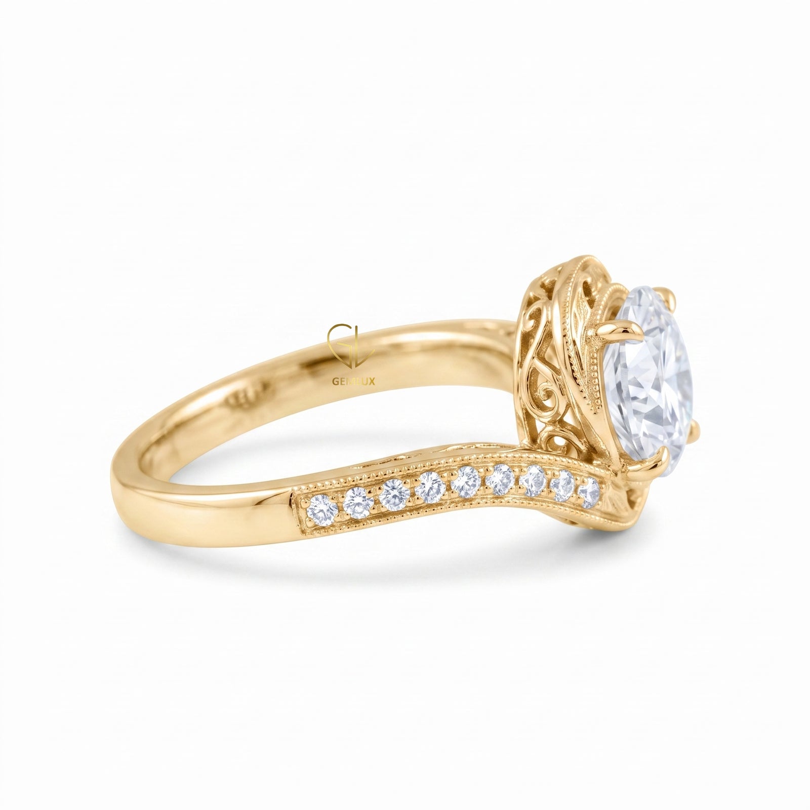 IGI Round Cut Hearts & Arrows Diamond Vintage Swirl Bypass Engagement Ring