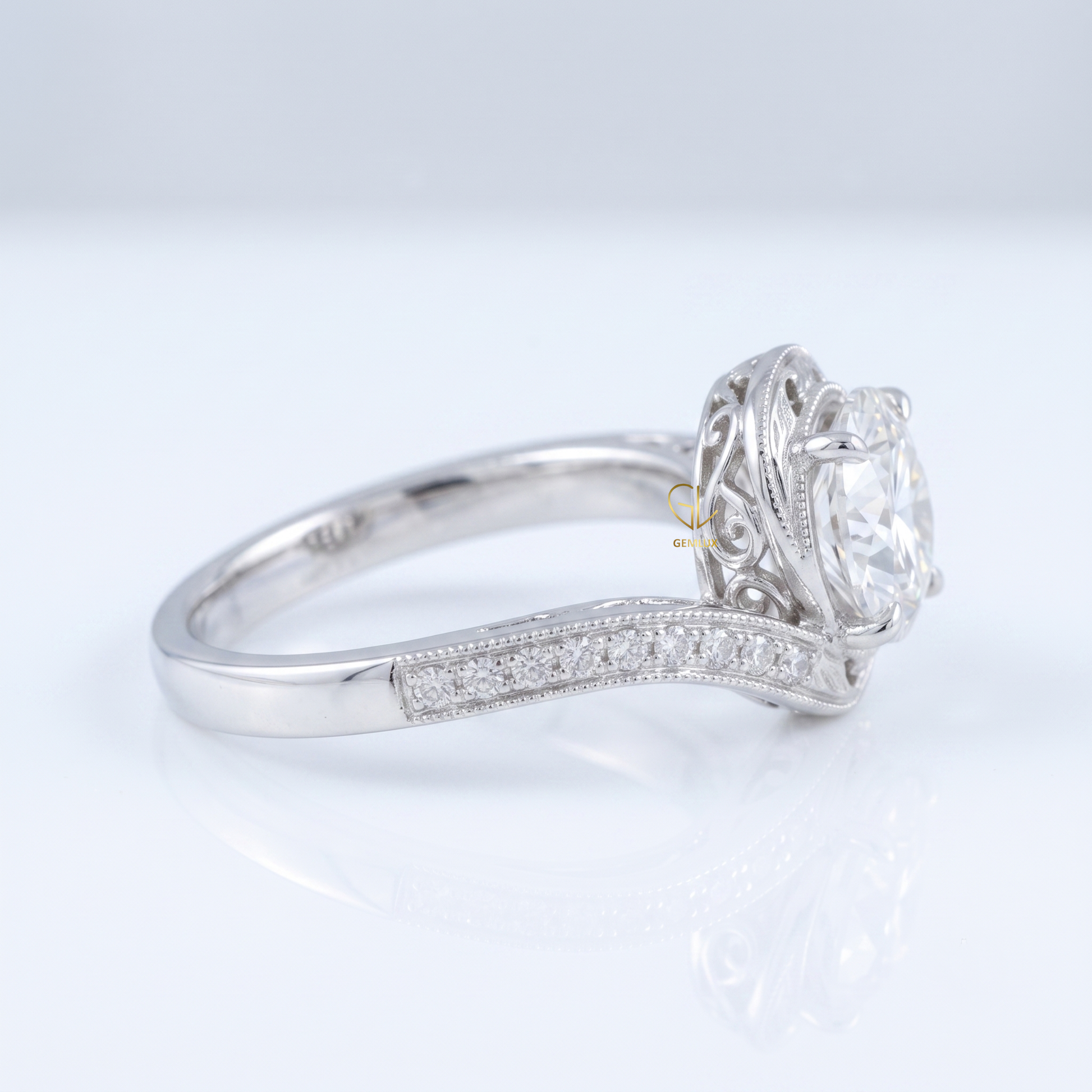 IGI Round Cut Hearts & Arrows Diamond Vintage Swirl Bypass Engagement Ring
