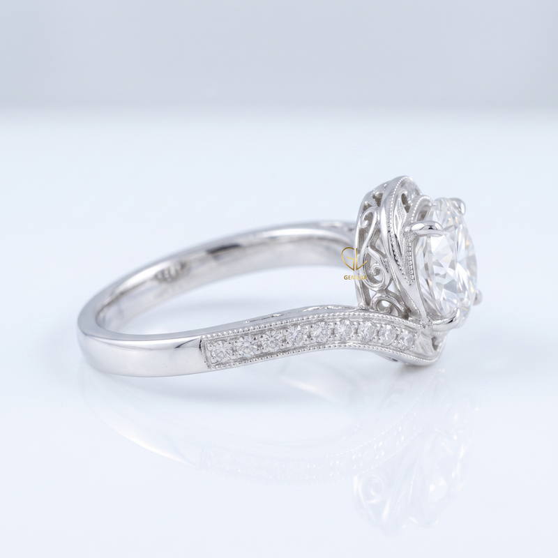 IGI Round Cut Hearts & Arrows Diamond Vintage Swirl Bypass Engagement Ring