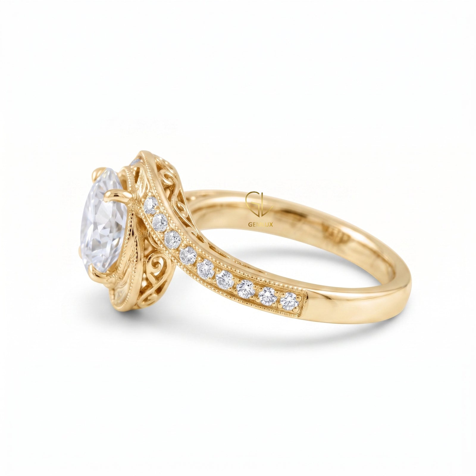IGI Round Cut Hearts & Arrows Diamond Vintage Swirl Bypass Engagement Ring