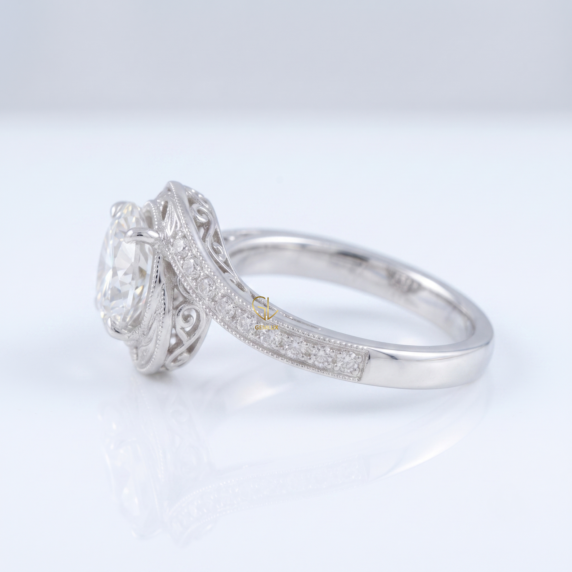 IGI Round Cut Hearts & Arrows Diamond Vintage Swirl Bypass Engagement Ring