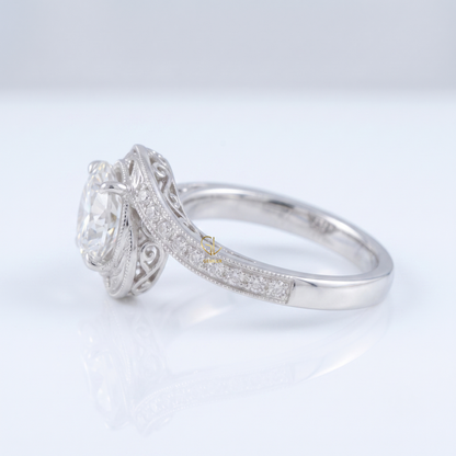 IGI Round Cut Hearts & Arrows Diamond Vintage Swirl Bypass Engagement Ring